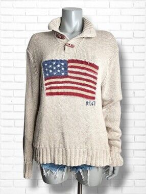 POLO Ralph Lauren Vintage Cowlneck Toggle Button American Flag Sweater Size M